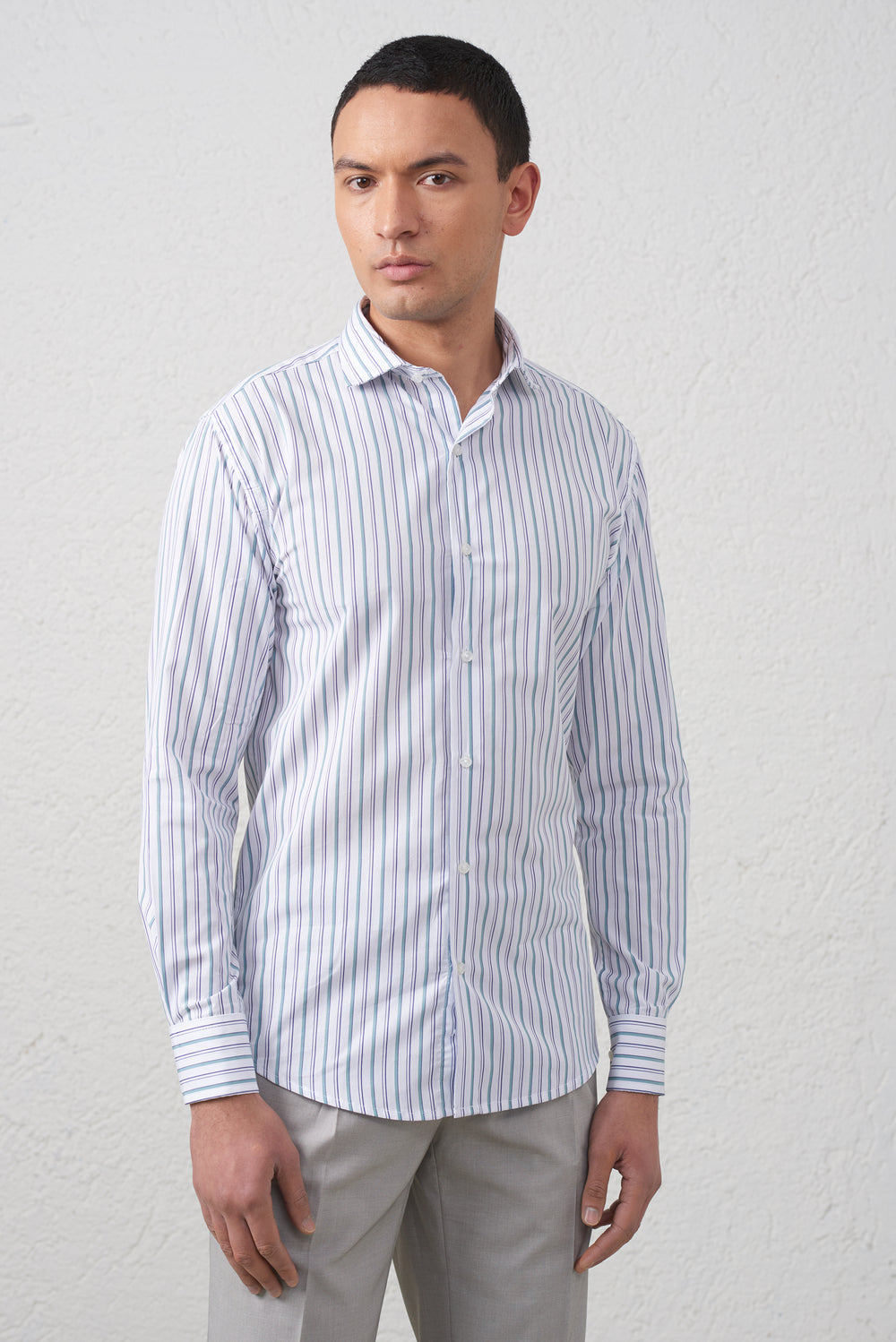 Camicia Collo Francese Riga Bengala Verde e Blu
