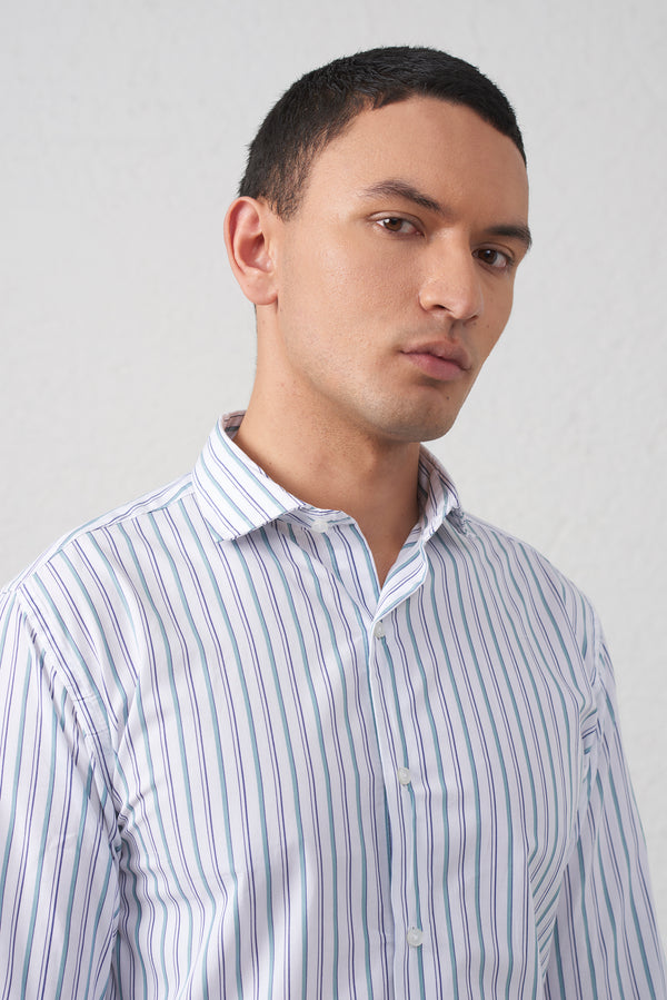 Camicia Collo Francese Riga Bengala Verde e Blu