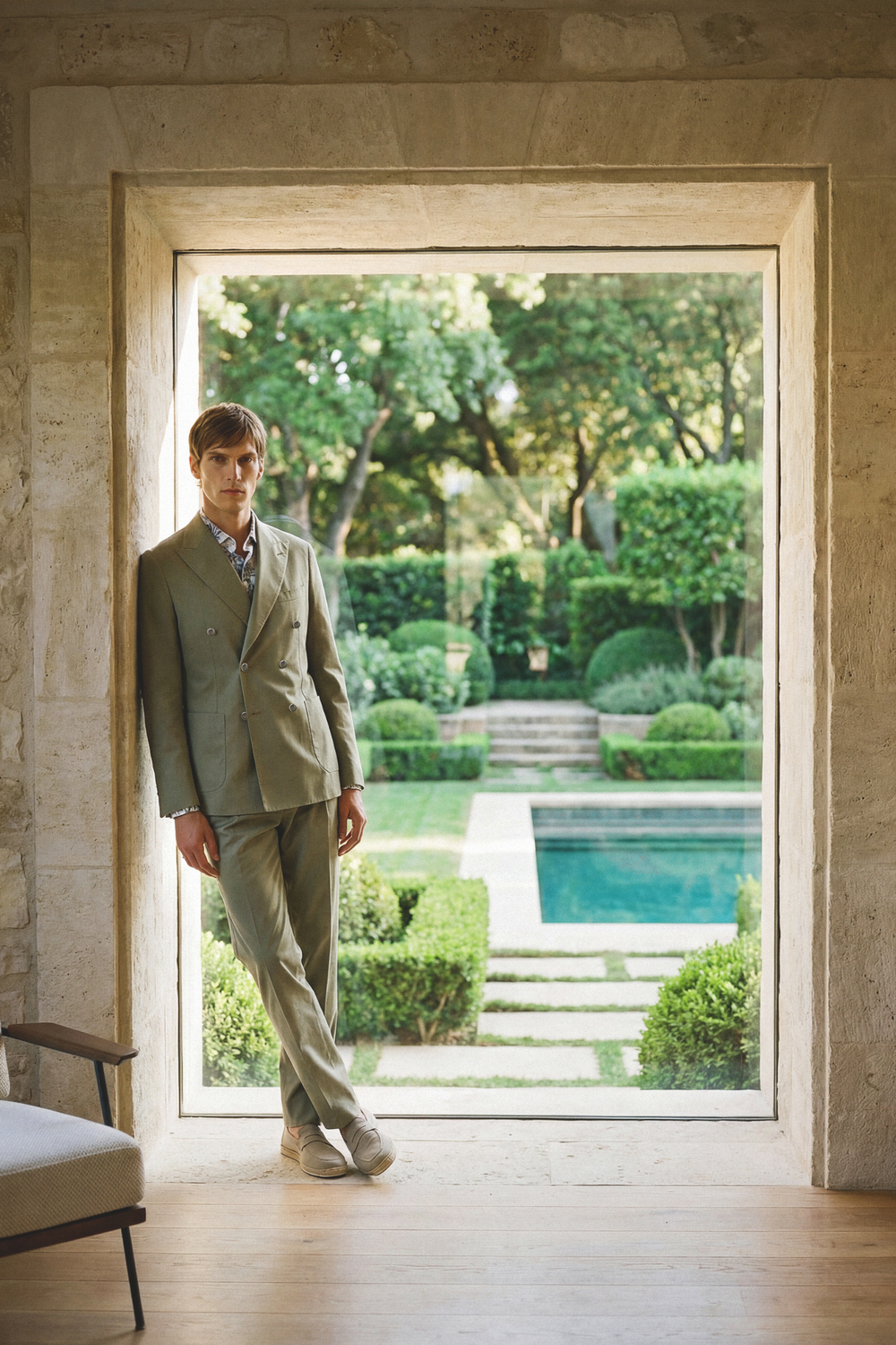 Pantalone con Pinces e Taschino in Cotone Tecnico Stretch Verde