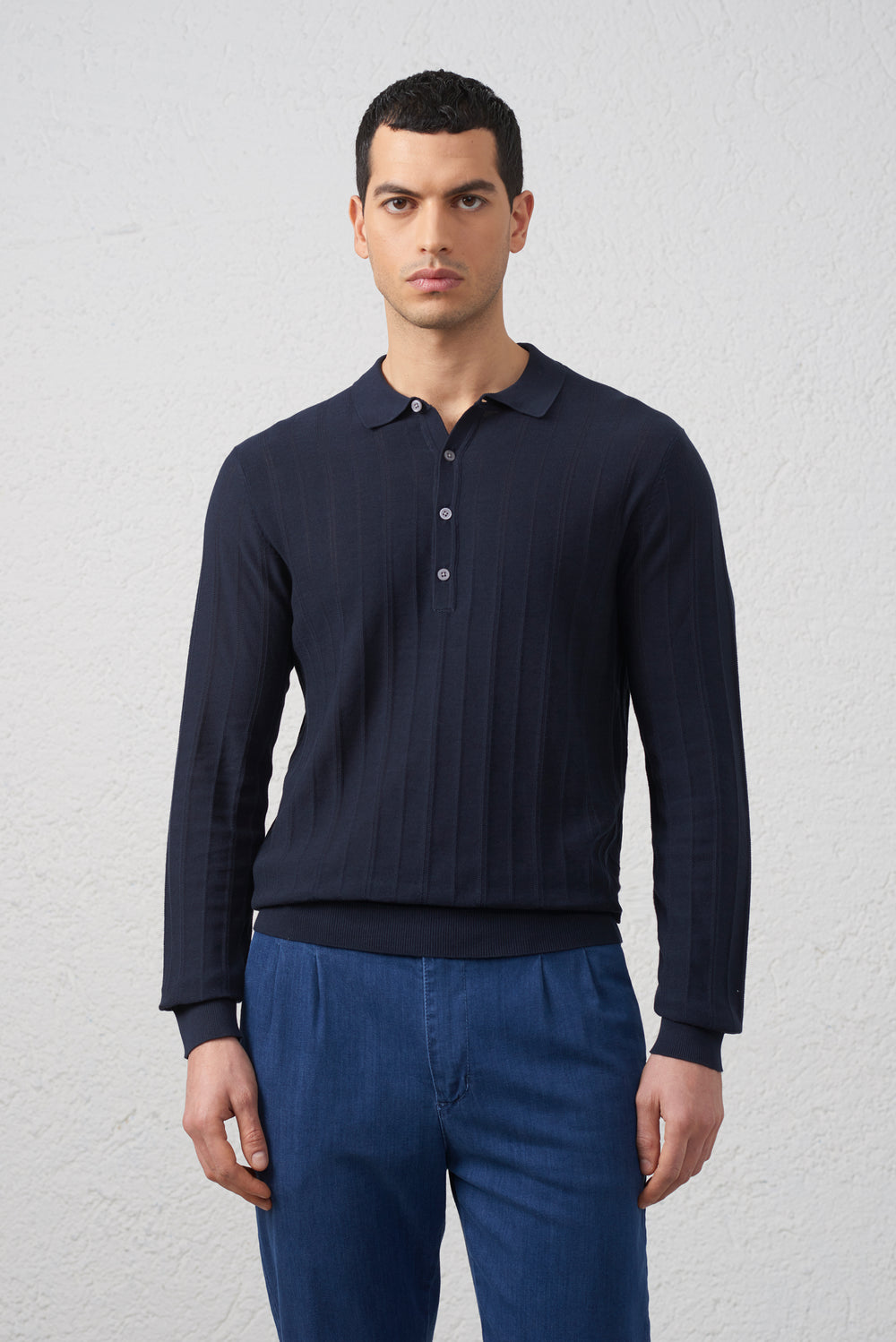 Polo Blu in Filo Manica lunga in Cotone Filato 2/60