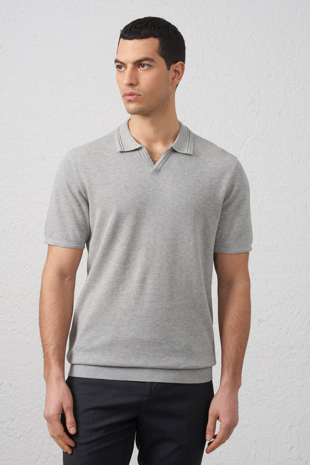 Polo  Grigio Melange Tessuto Operato  Collo Bowling