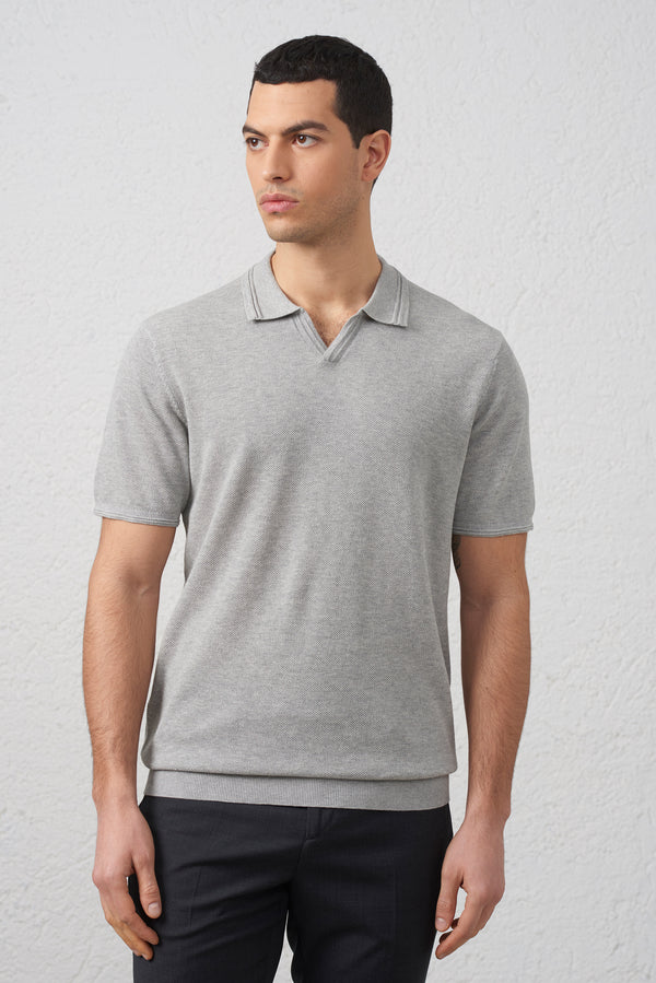 Polo  Grigio Melange Tessuto Operato  Collo Bowling