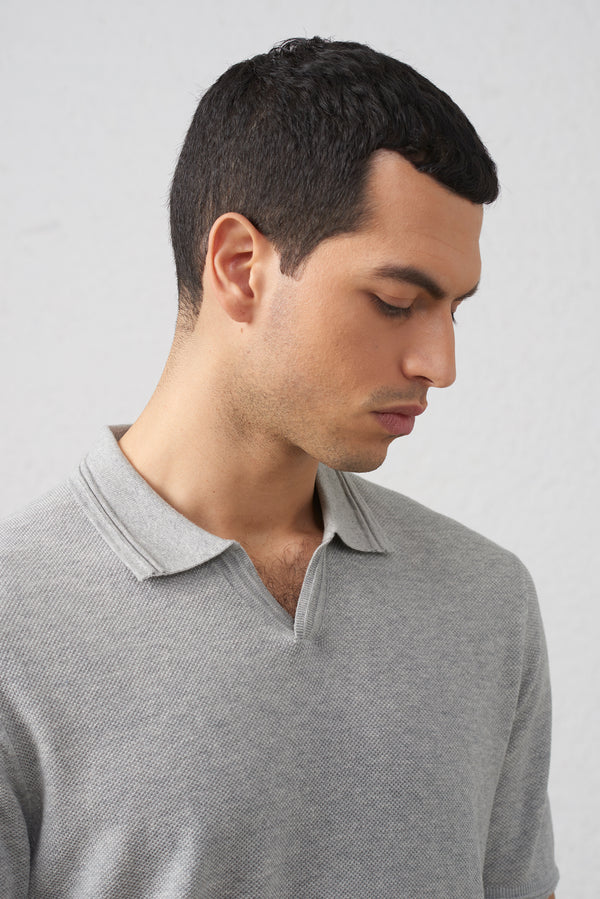 Polo  Grigio Melange Tessuto Operato  Collo Bowling