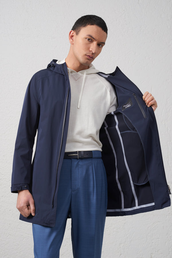 Giubbino Blu lungo in tessuto tecnico con zip waterproof