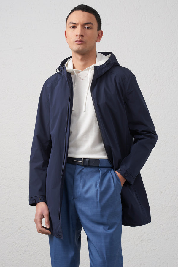 Giubbino Blu lungo in tessuto tecnico con zip waterproof