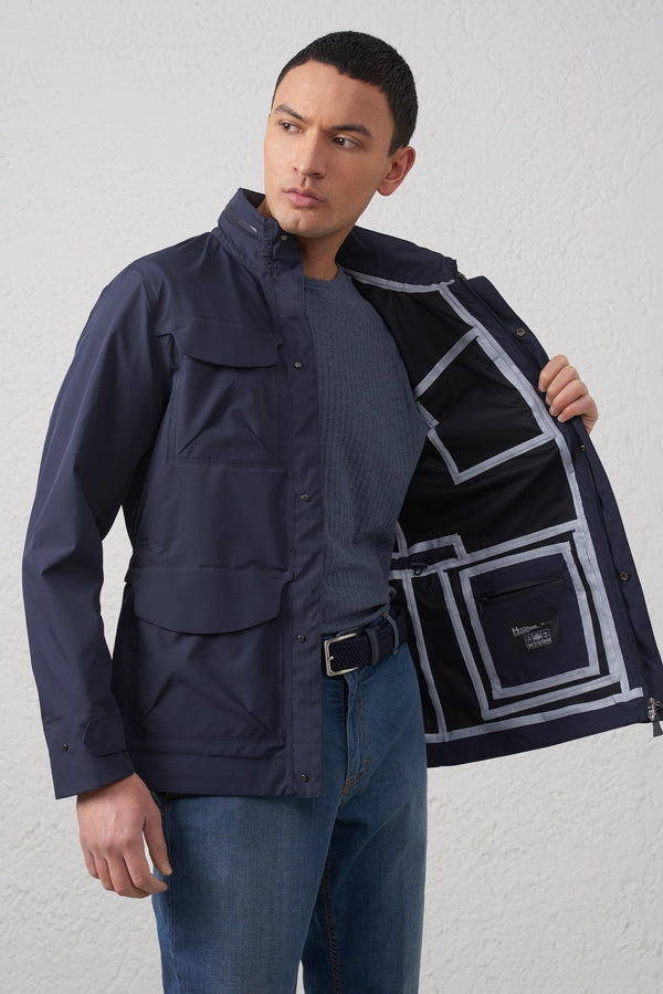 Sahariana Tecnica Impermeabile con Cappuccio a Scomparsa - Blu