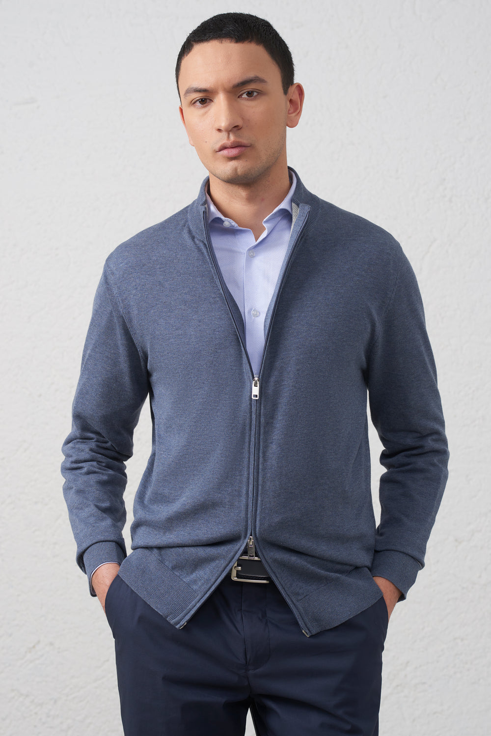 Cardigan Blu Melange in Cotone con Zip Doppio Cursore
