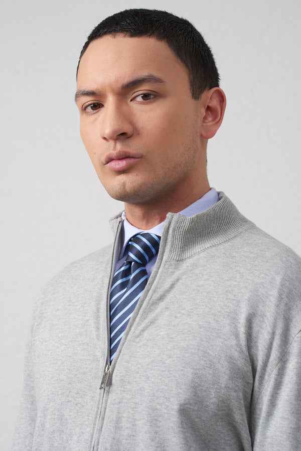 Cardigan Grigio Melange  in Cotone con Zip Doppio Cursore