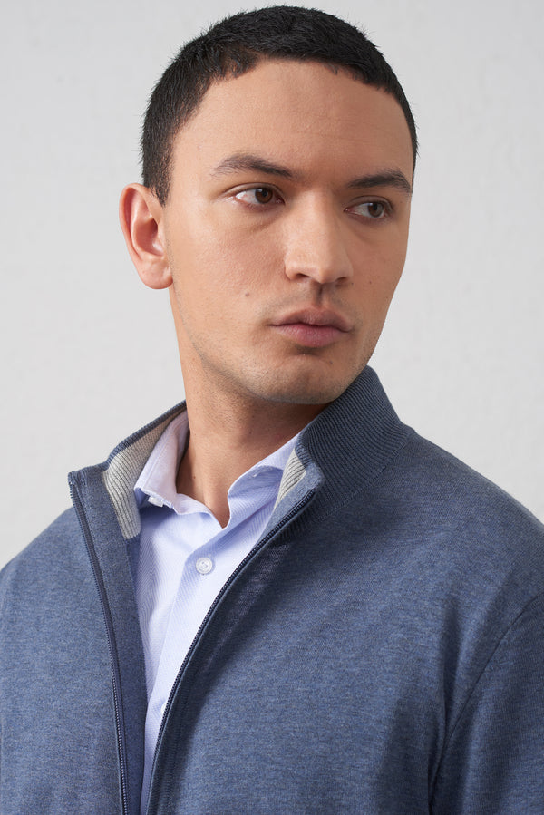 Cardigan Blu Melange in Cotone con Zip Doppio Cursore