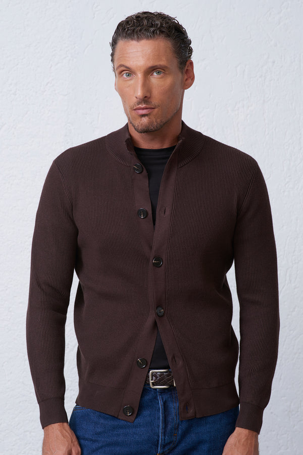 Cardigan in Maglia a Coste con Collo Alto Effetto Suede