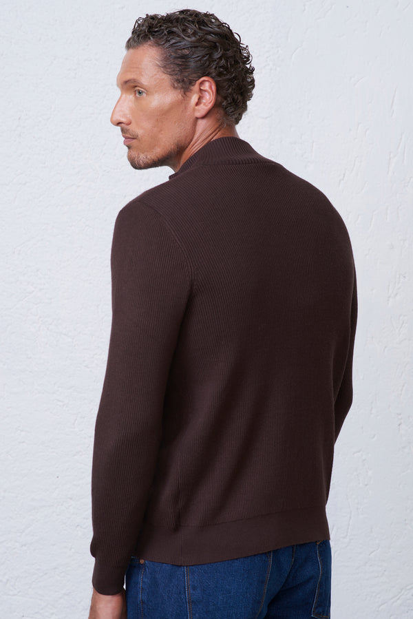 Cardigan in Maglia a Coste con Collo Alto Effetto Suede