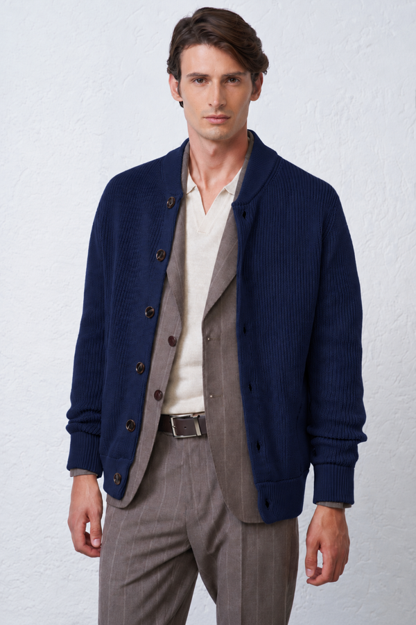 Bomber in Maglia Costa Inglese con Tasche Applicate Uomo