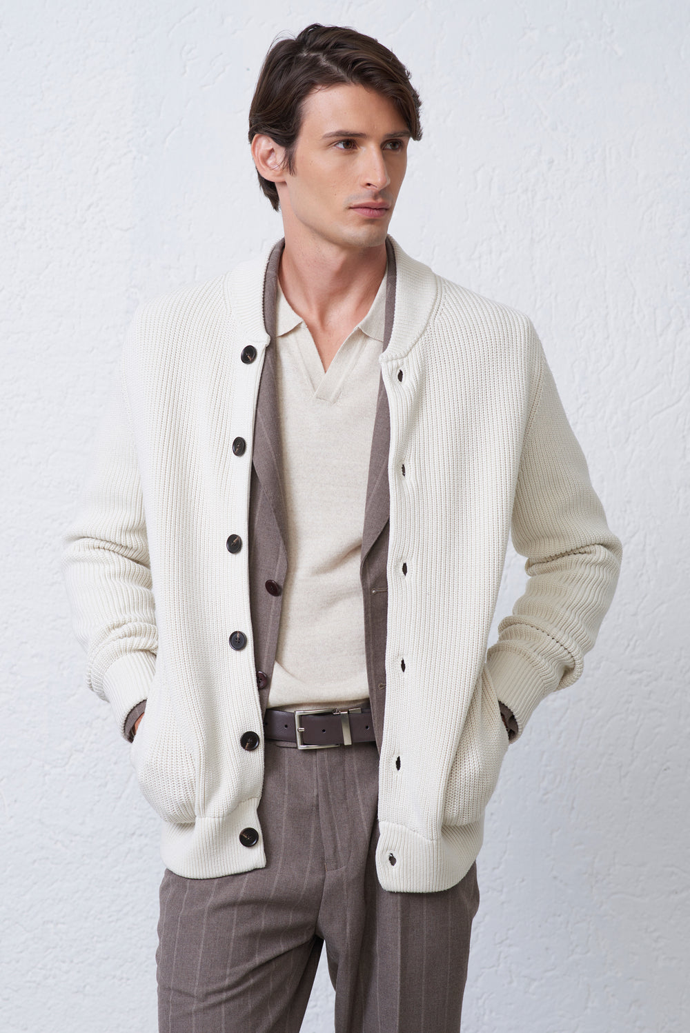 Bomber in Maglia Costa Inglese con Tasche Applicate Uomo
