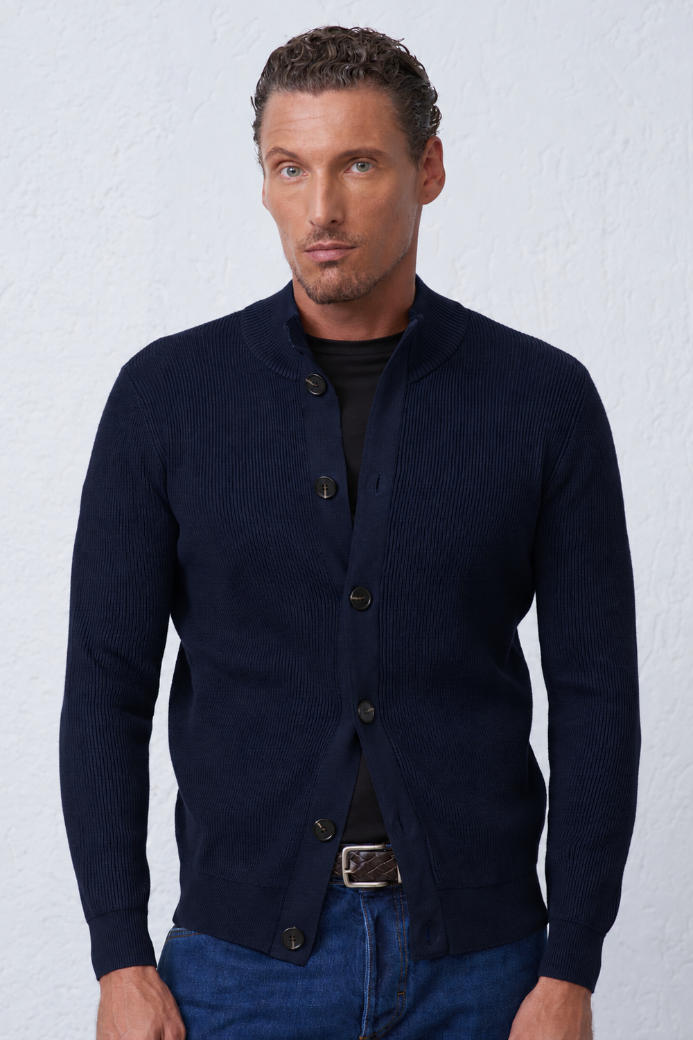 Cardigan in Maglia a Coste con Collo Alto Effetto Suede