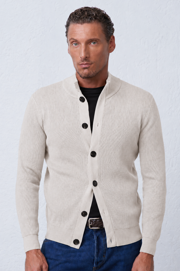 Cardigan in Maglia a Coste con Collo Alto Effetto Suede