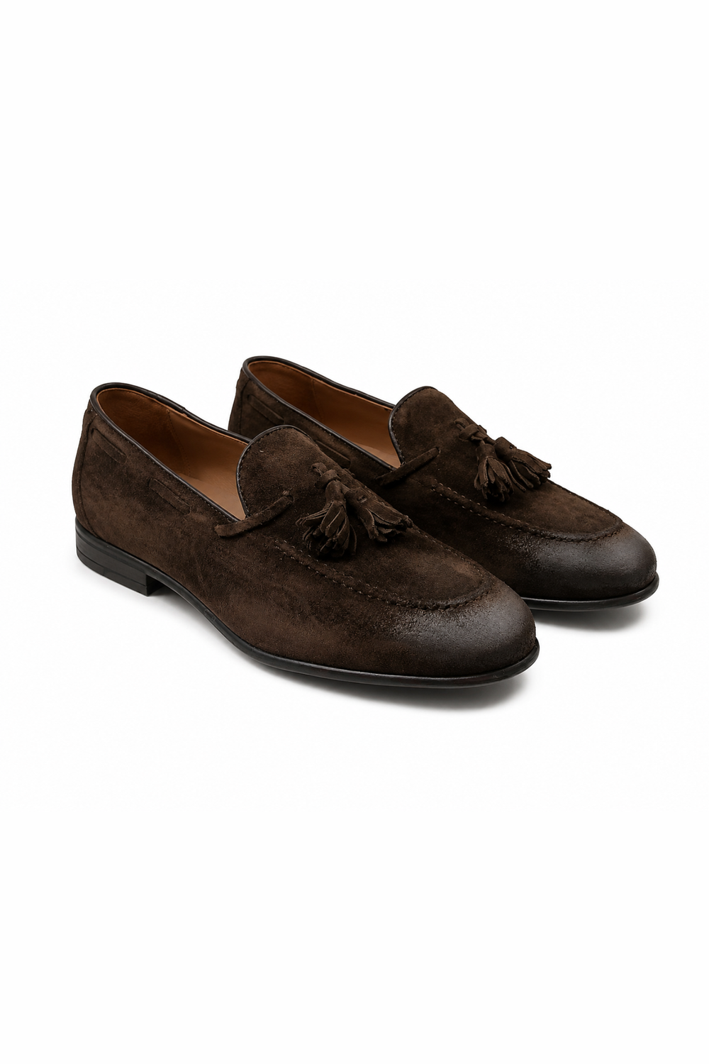Mocassino con Nappine in Pelle Scamosciata Effetto Vintage